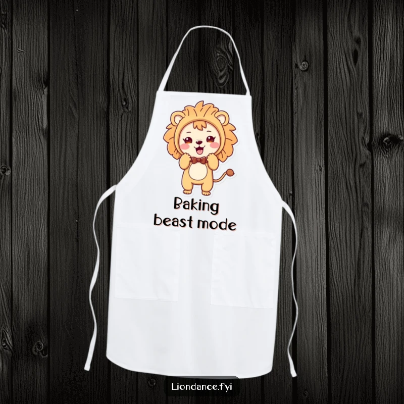 Funny apron featuring a cute character in a lion costume performing a playful bow, perfect for a humorous cooking experience.