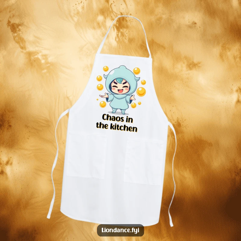 Funny apron with a mischievous character juggling golden orbs, designed for fun cooking sessions. Great funny gift.