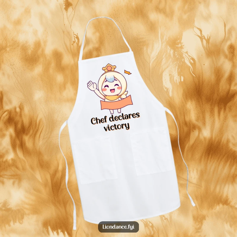 Funny apron with a character smiling while waving a banner, adding cheerful humor to kitchen activities.