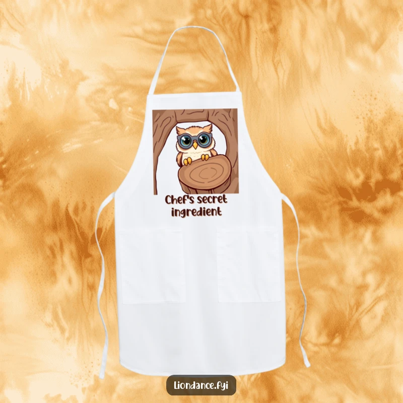 Funny apron depicting a cute owl with oversized binoculars, comically looking into a hollow log, great for kitchen use.