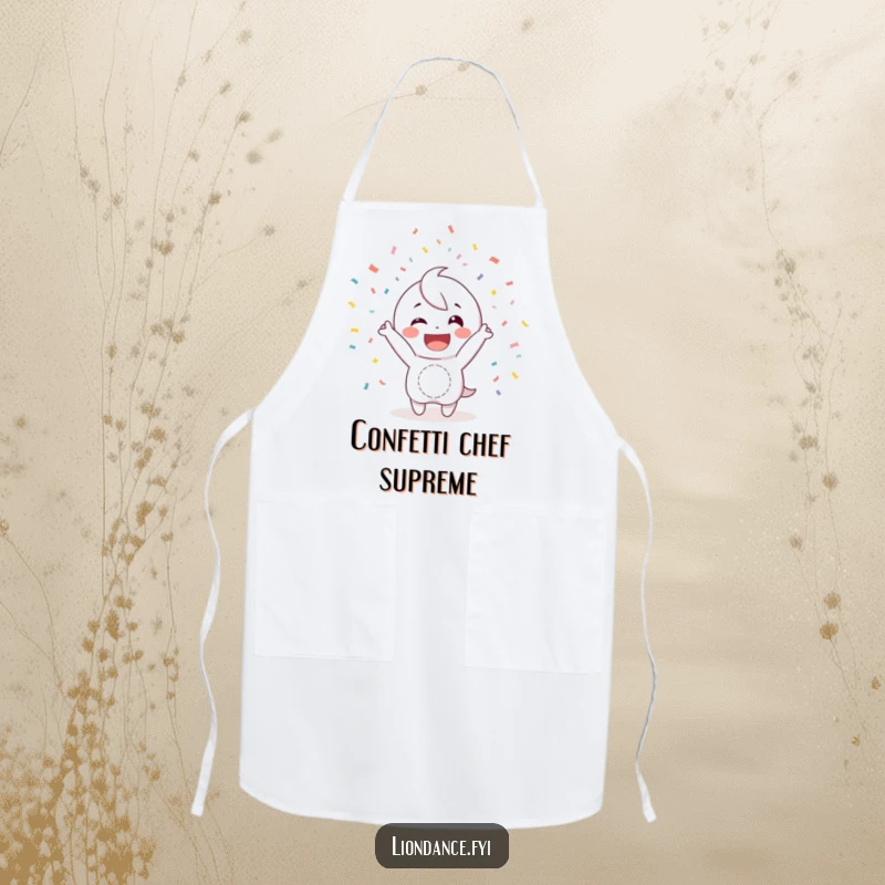 Funny apron showcasing a happy character with a wide smile, joyfully tossing confetti, bringing cheer to kitchen activities.