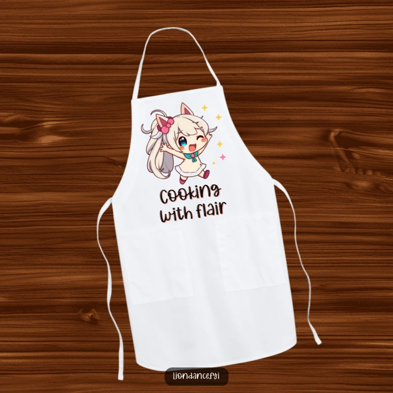 Funny streamer chef apron showing a playful character in a dynamic pose with streamers, perfect for kitchen fun.