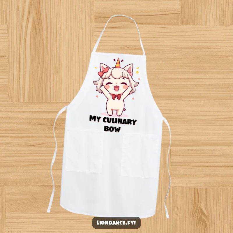 Funny kitchen apron with a delighted character performing a whimsical, celebratory bow, ideal for cooking with charming humor.