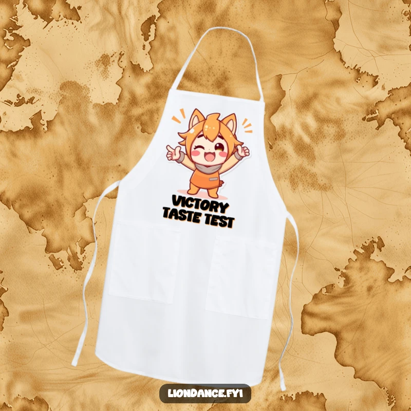 Funny apron showcasing a delighted character in a bold, striking, and celebratory pose, adding humor to kitchen activities.