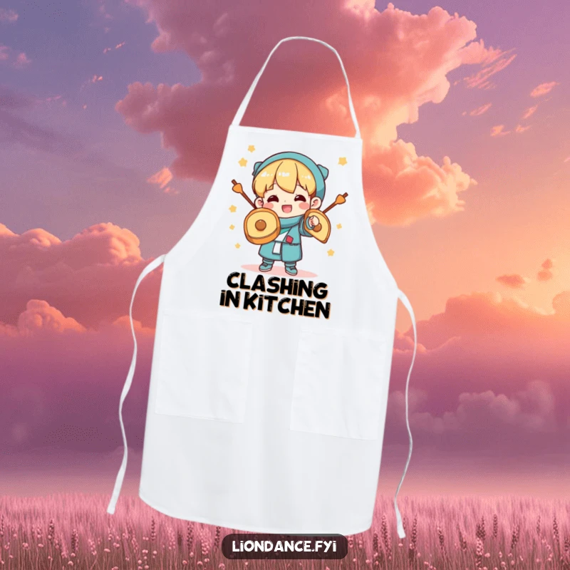 Funny Apron: A character grinning widely while clashing cymbals, bringing celebratory energy and humor to the kitchen. Perfect for hosts and entertainers.