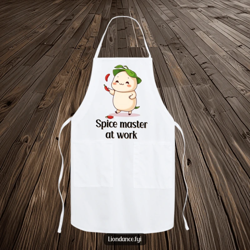 Funny apron depicting a dancing dumpling juggling chili peppers with its leafy hat, ready for spicy kitchen fun.
