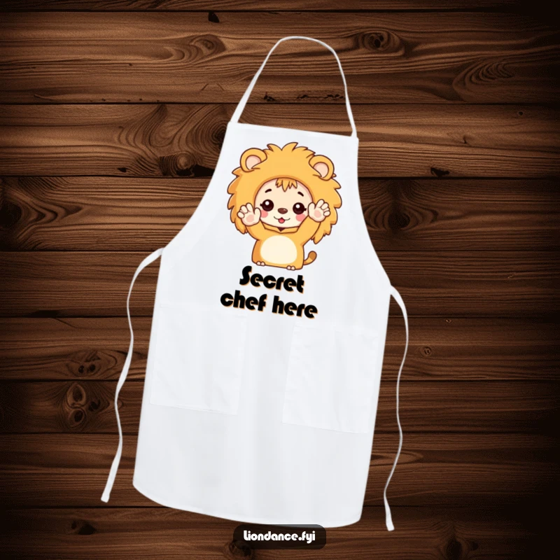 Funny apron with a character peeking out of a lion costume and waving enthusiastically, perfect for a cheerful cook.