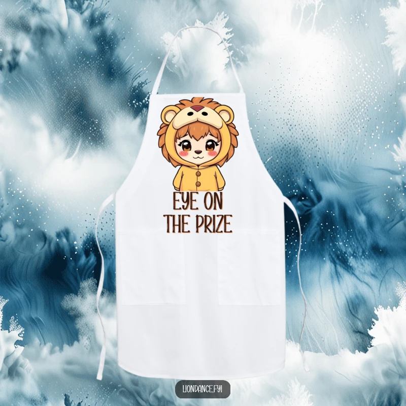 Funny apron with a curious character peeking from the eyeholes of a lion costume, ideal for adding humor and a touch of mystery to cooking.