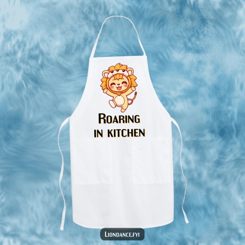 Funny Apron: A character leaping wildly in a lion costume, bringing playful energy and humor to the kitchen. Perfect for aspiring chefs.