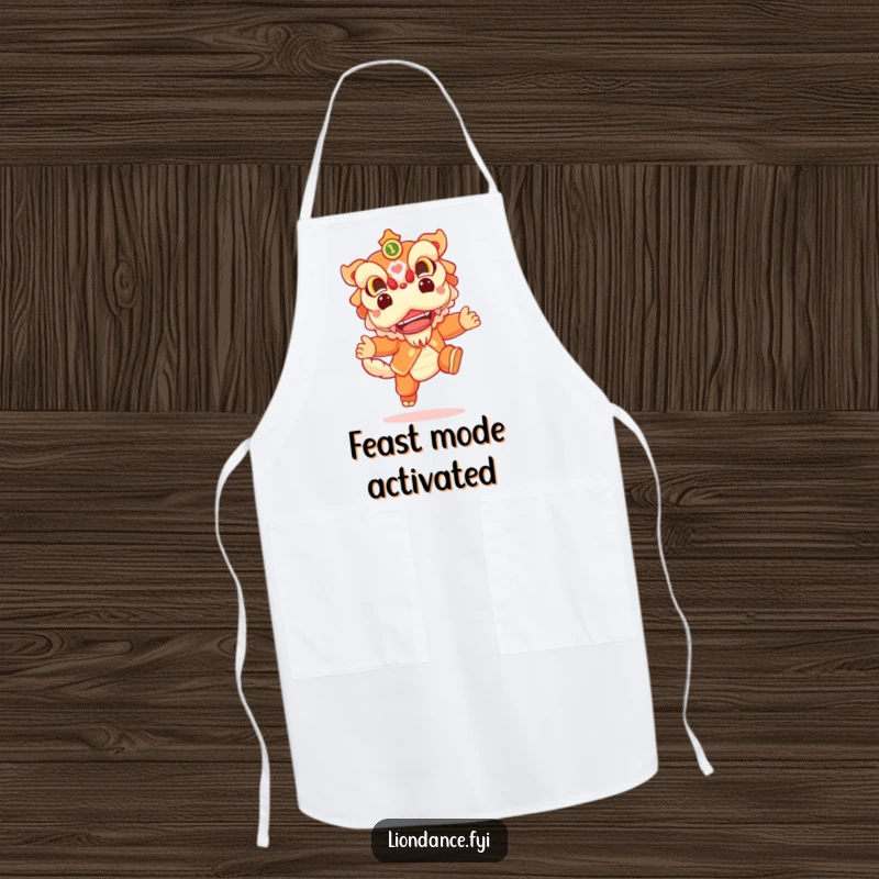 Funny apron with a cheerful lion dance character leaping joyfully, adding festive spirit and protection to cooking.