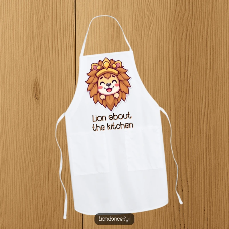 Funny lion headdress apron showing a happy character peeking out from the lion's mane, ready to tackle kitchen adventures with a grin.