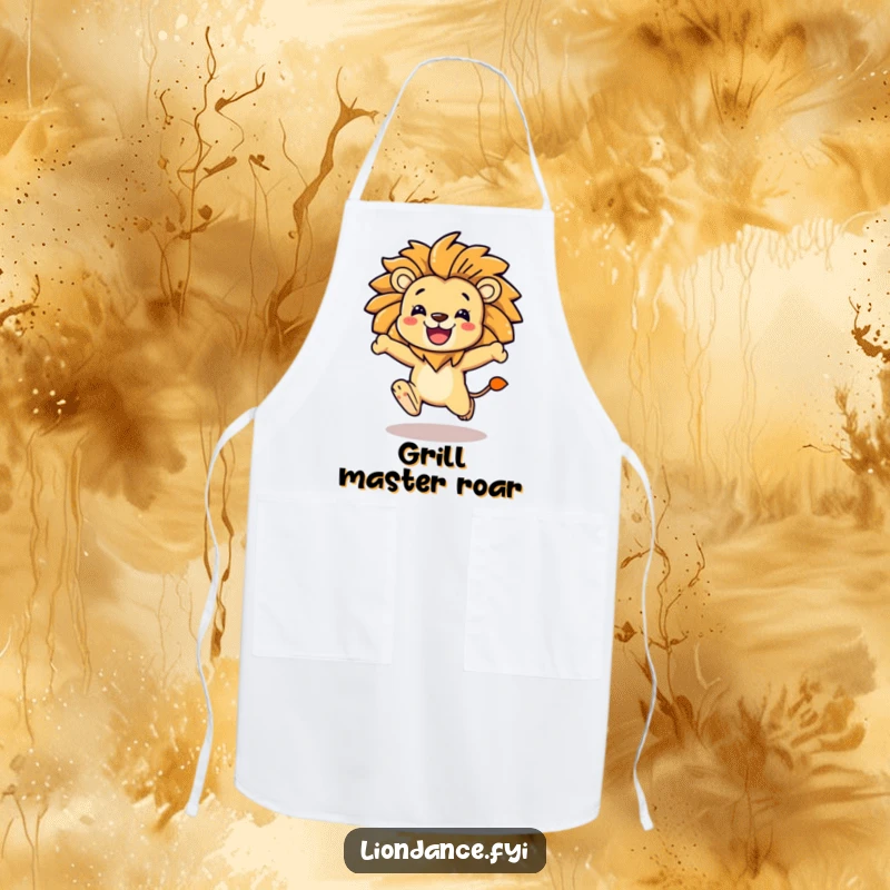 Funny character leaping forward with a stylized lion mane on a durable apron, ready for kitchen adventures.