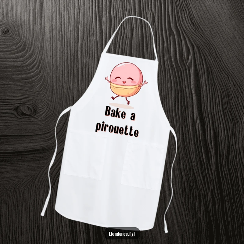 Funny apron depicting a winking macaron with tiny legs, comically doing a shaky ballet pirouette, great for kitchen use.