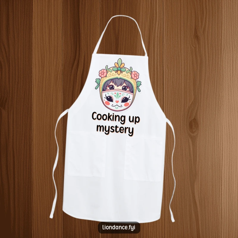 Funny kitchen apron featuring a curious character peeking from a decorated mask, ideal for cooking with humorous intrigue.