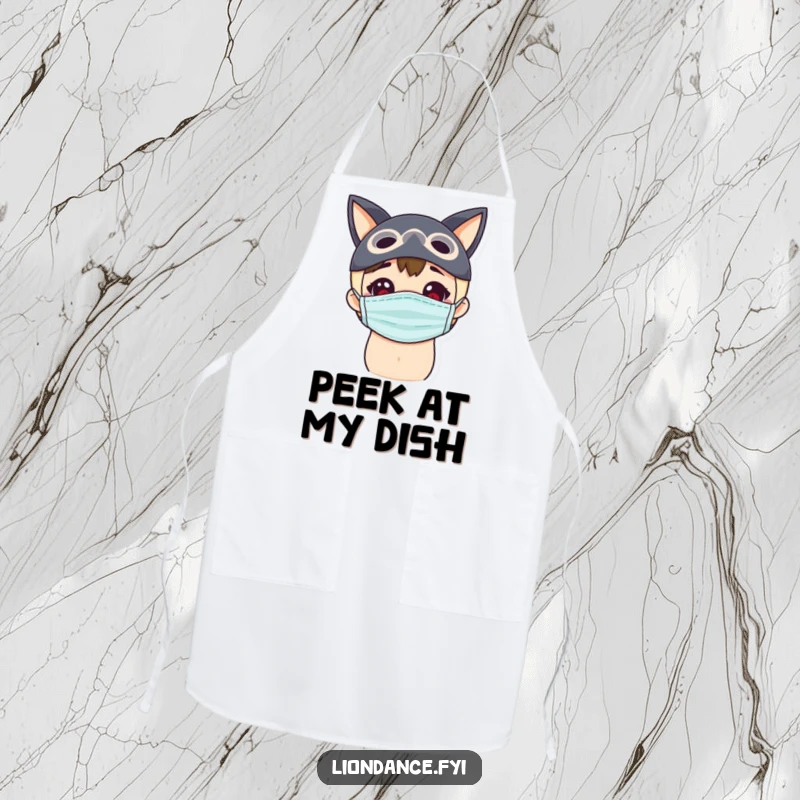 Funny masked chef apron showing a delighted character peeking curiously, perfect for kitchen explorations and gifting.