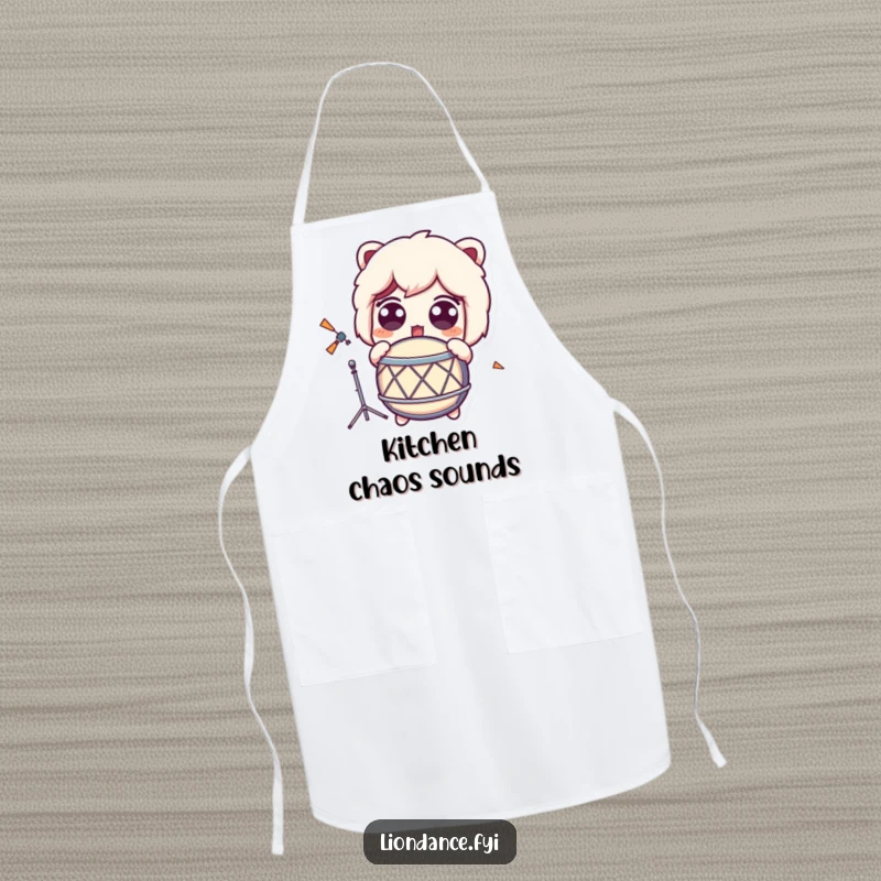 Funny Apron featuring a character with wide, surprised eyes reacting to the sound of a loud drum.