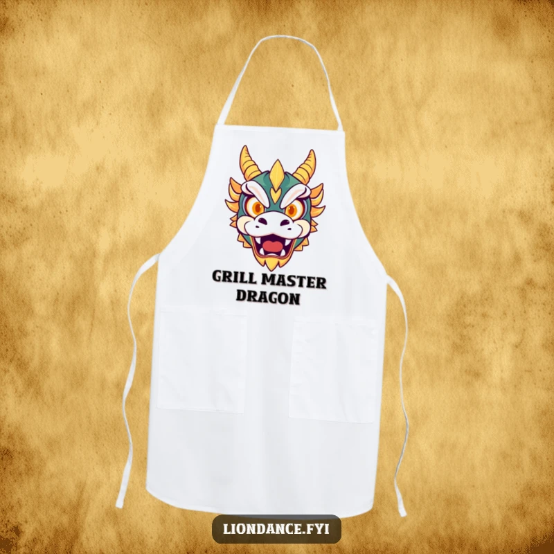 Funny apron illustration of a cute dragon mask with glowing eyes roaring playfully, perfect for cooking with fierce and amusing flair.