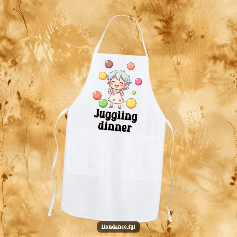 Funny apron with a character laughing while juggling colorful balls, adding playful humor to kitchen activities.