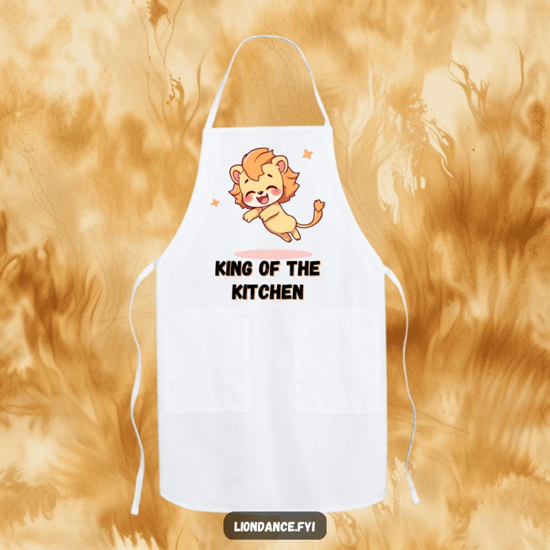 Funny apron showing a delighted character joyfully tumbling, their lion's tail flowing, perfect for adding humor to cooking and baking.