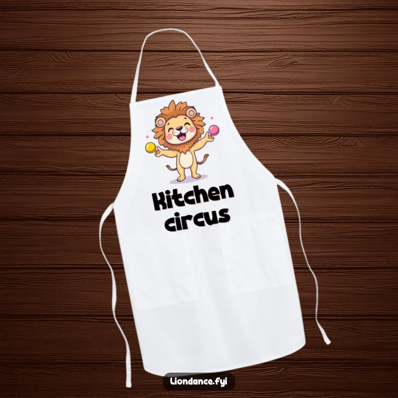Funny character in a lion head costume juggling colorful balls on a durable apron, adding humor to cooking.