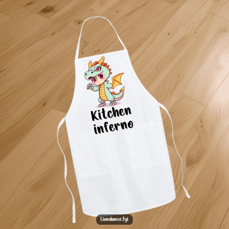 Funny cooking apron adorned with a character in a fiery dragon outfit striking a pose, adding humor to kitchen tasks.