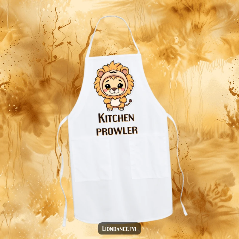Funny cooking apron adorned with a character in a lion costume curiously peeking out, adding humor to kitchen tasks.