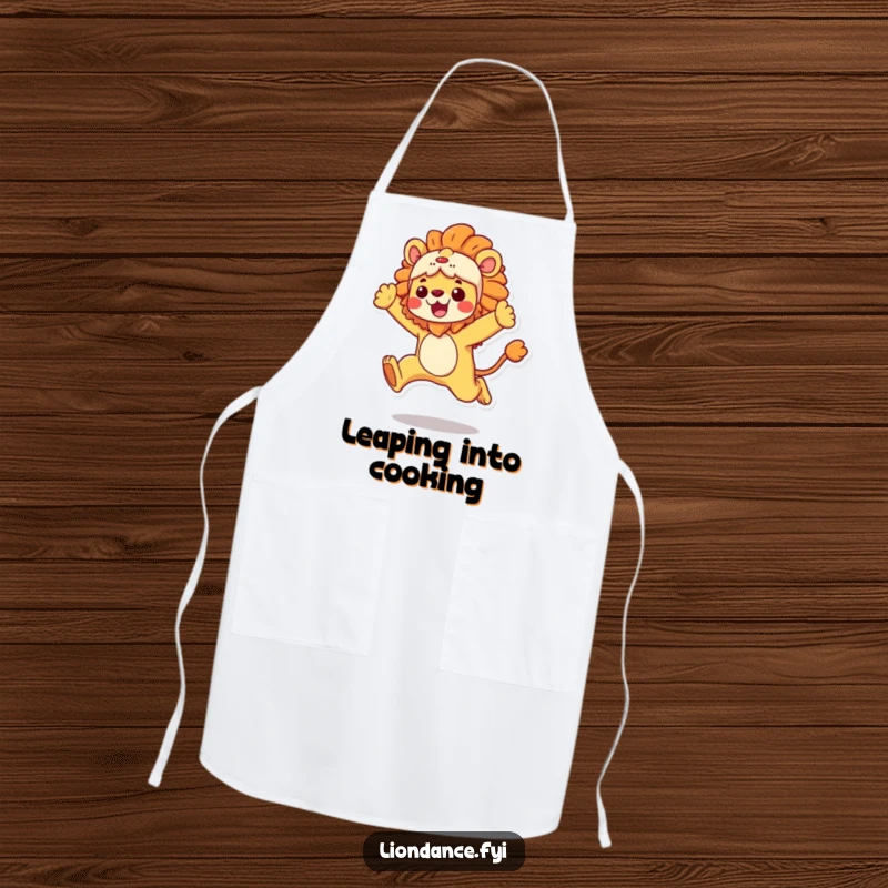 Funny Apron showcasing a character in a vibrant lion costume doing an energetic leap, perfect for kitchen fun, a practical funny gift.