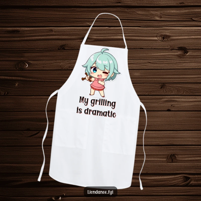 Funny apron featuring a character striking a funny, exaggerated pose with a prop, ideal for a dramatic cook.
