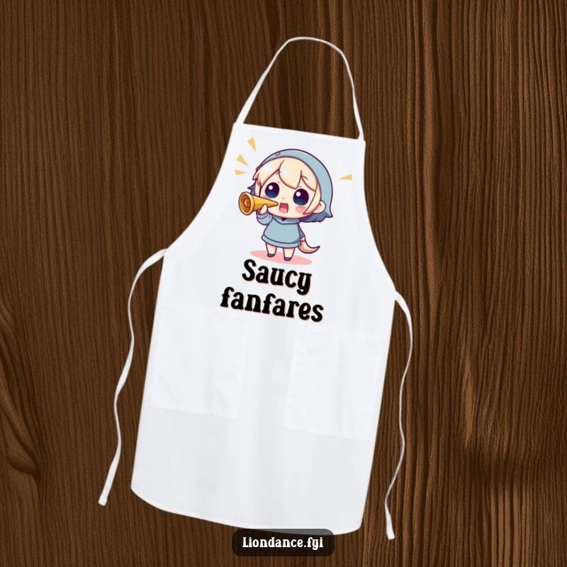 Funny apron design with a character blowing a horn, adding a cheerful musical element to cooking.