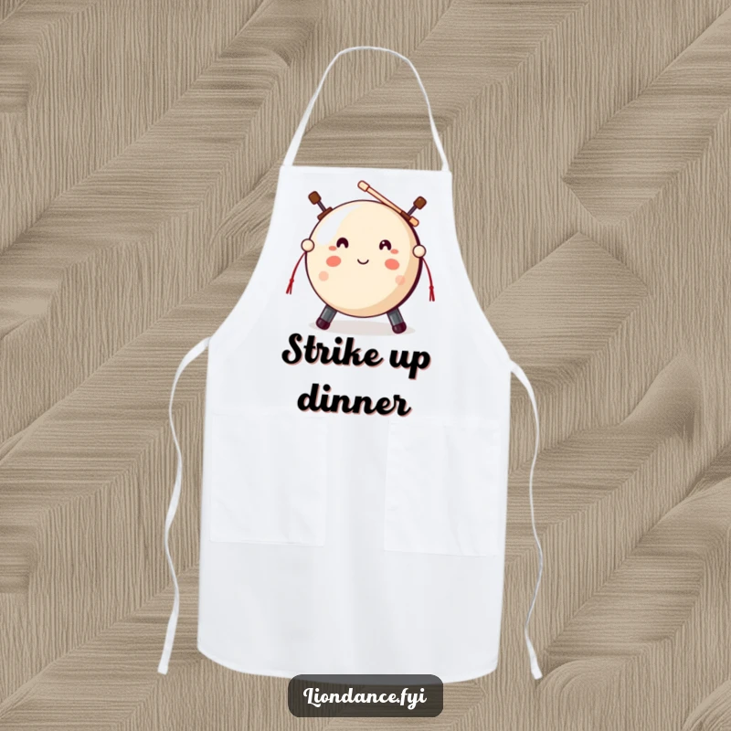 Funny gong strike apron showing a cute gong prop and mallets, ready for a humorous kitchen strike, great gift.
