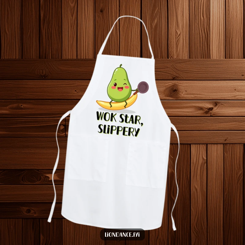 Funny avocado with tiny legs slipping on a banana peel while holding a wok, featured on a kitchen apron.