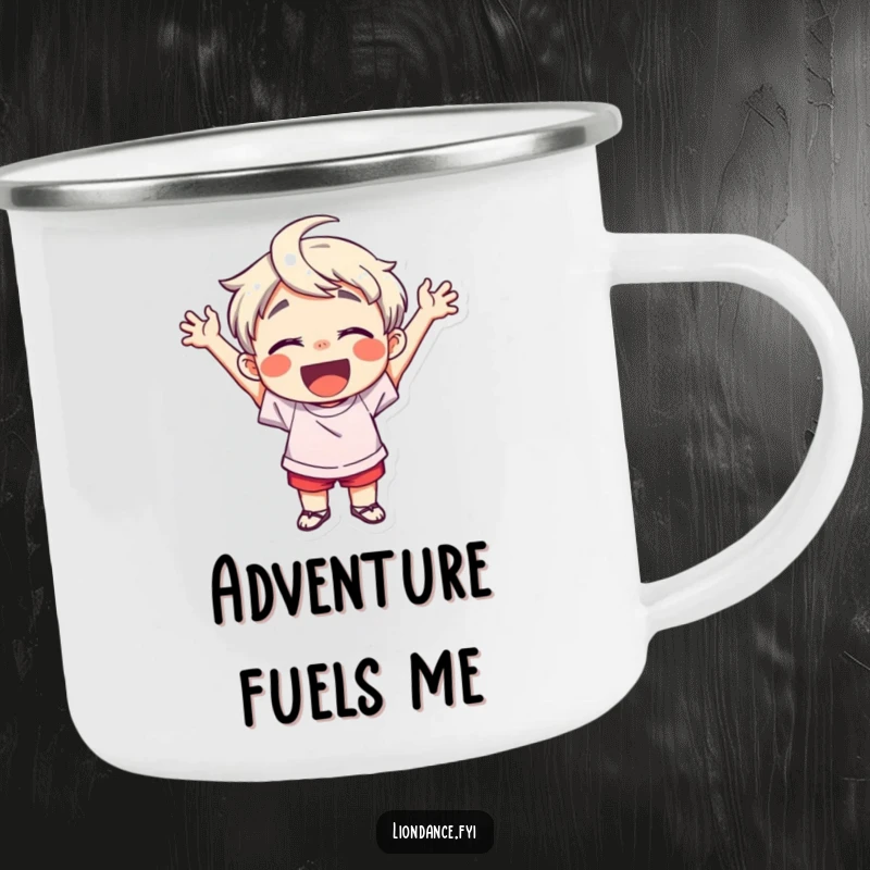 Funny camping mug with a delighted child character cheering enthusiastically, rugged enough for adventure and cheerful enough to brighten any outdoor moment.