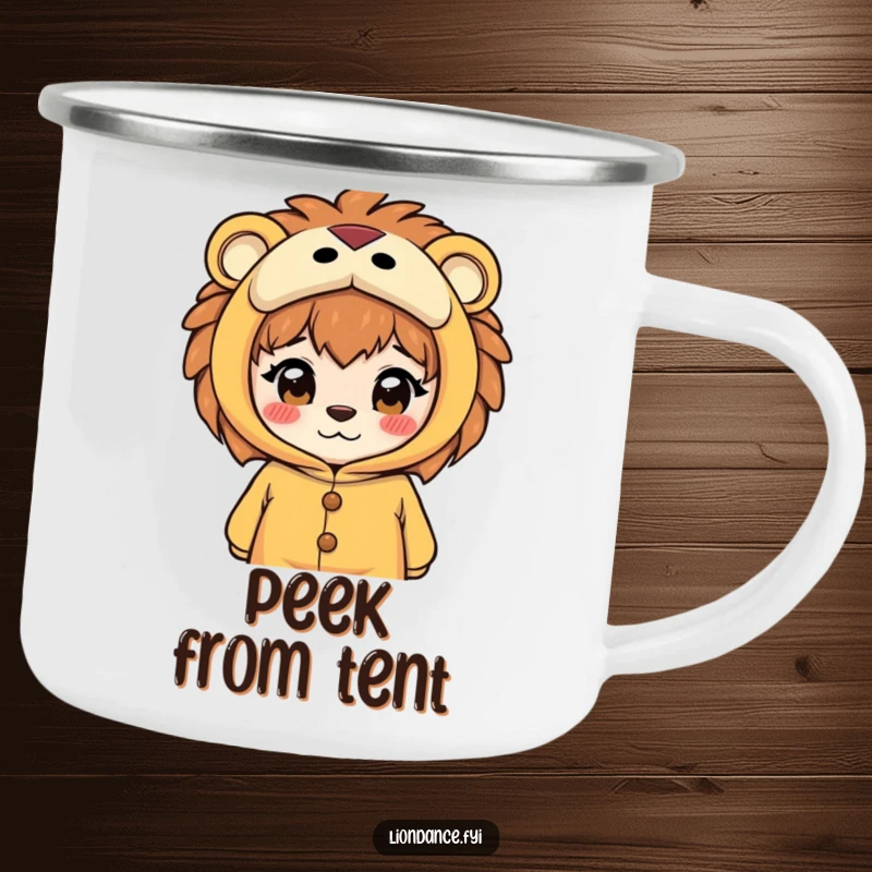 Funny camping mug with a curious character peeking from the eyes of a lion costume, ideal for enjoying beverages outdoors with a humorous twist.