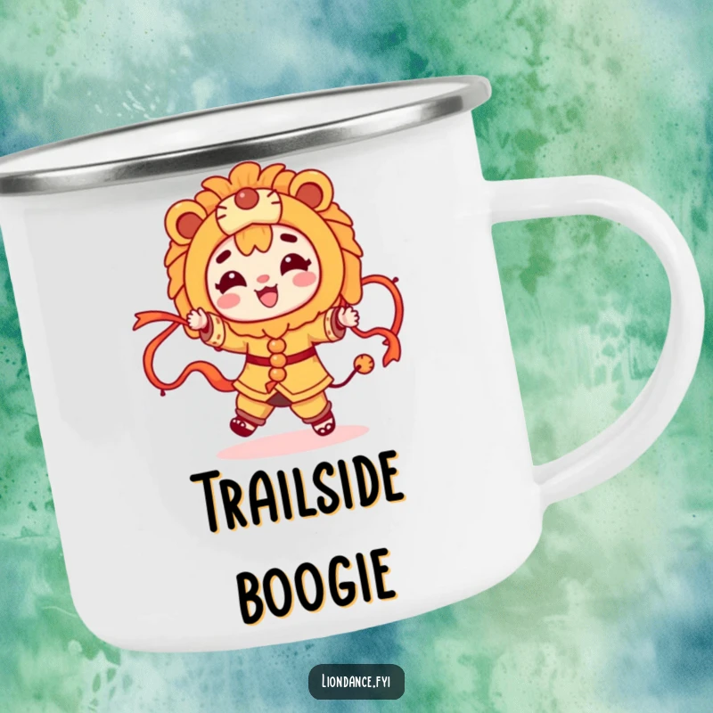 Funny character dancing with flowing ribbons and a lion costume on a sturdy camping mug, bringing festive fun to outdoor trips.