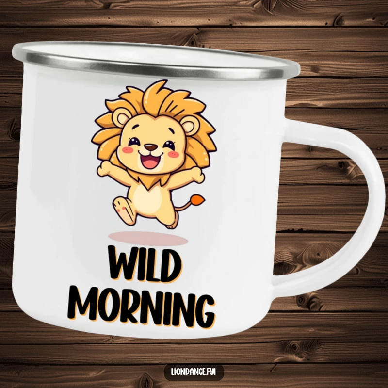 Funny character leaping with a stylized lion mane on a sturdy camping mug, embodying courage for outdoor trips.