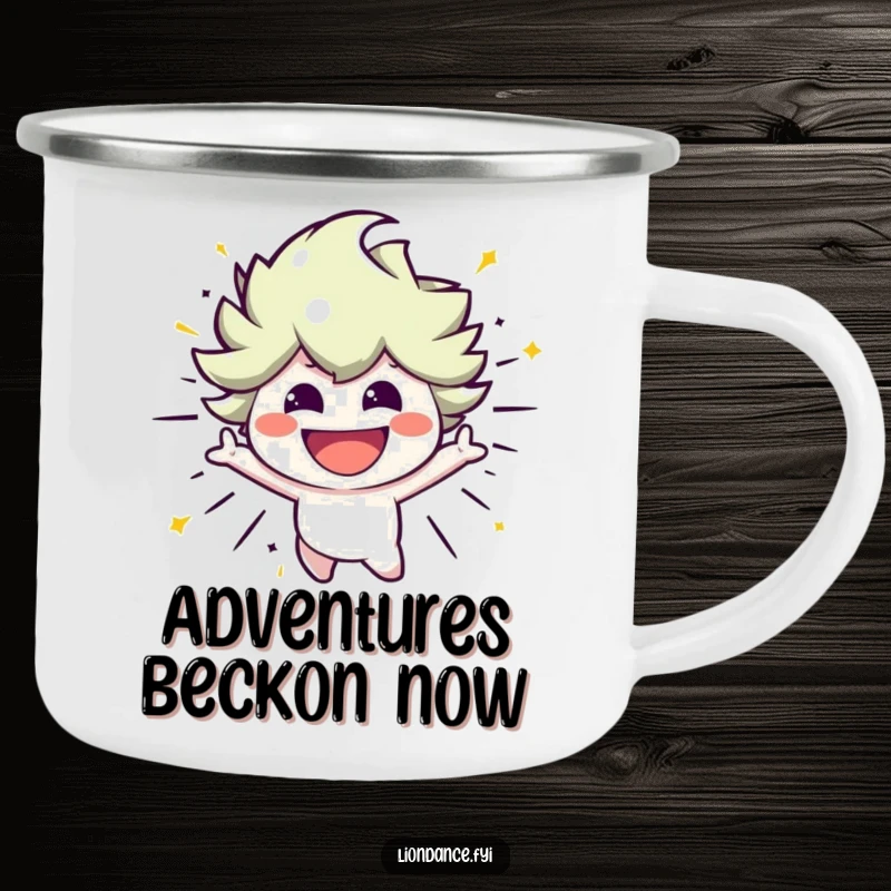 Funny enamel camping mug with a smiling character bursting with energetic movement, ideal for outdoor use with vibrant humor.