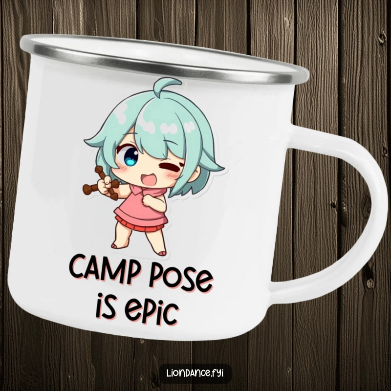Funny camping mug showing a character striking a funny, exaggerated pose with a prop, a dramatic companion for outdoor trips.