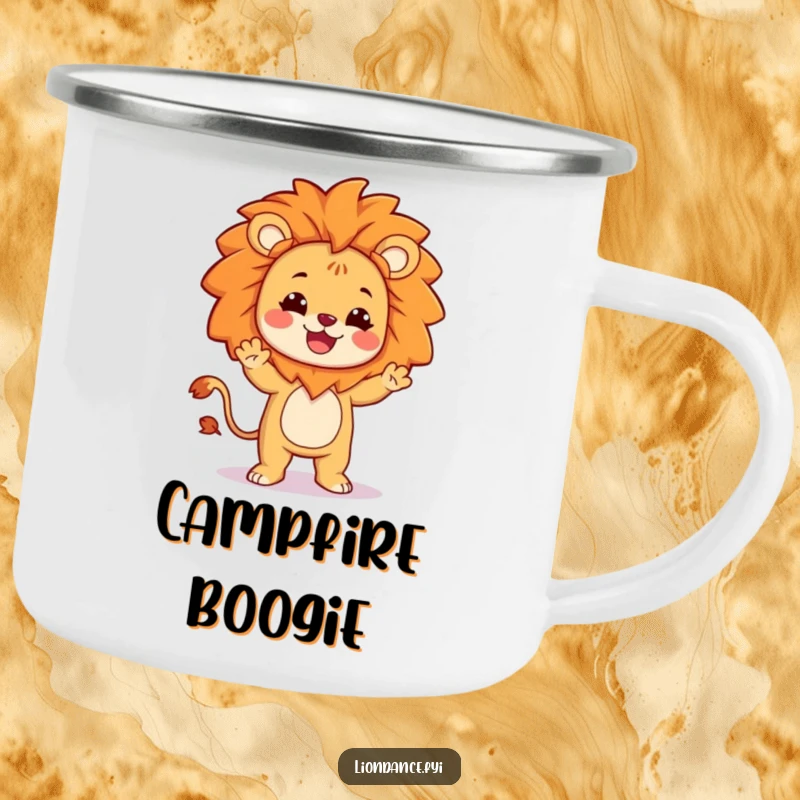 Funny camping mug showcasing a character dressed as a lion doing a silly, joyful dance, perfect for outdoor fun.