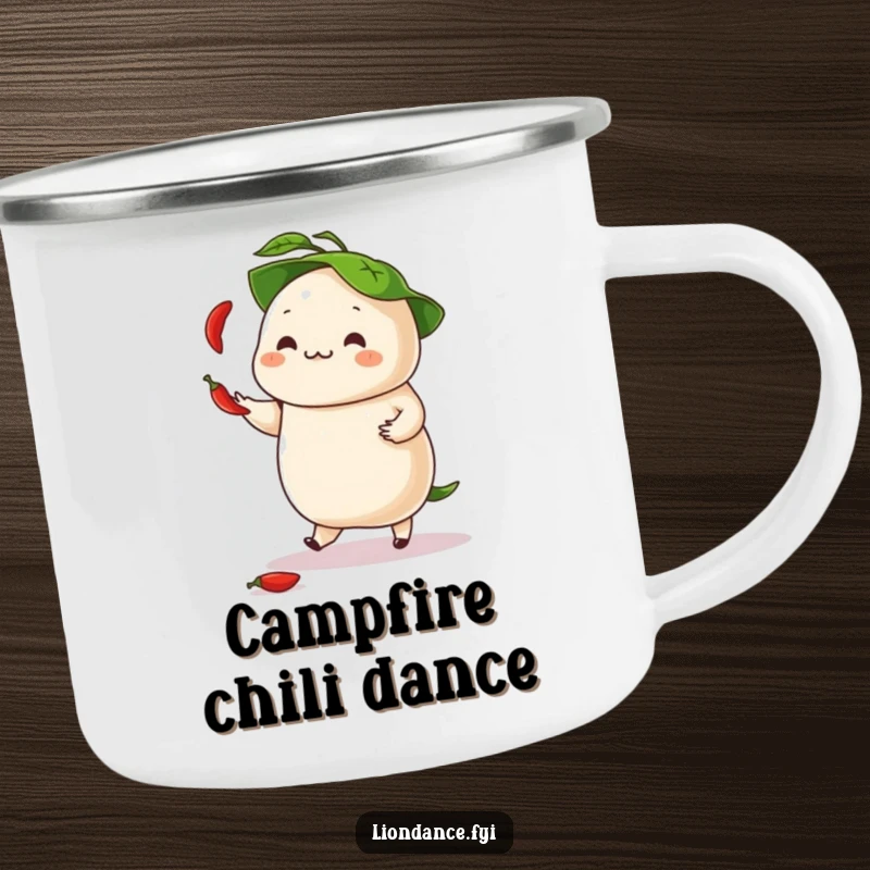 Funny camping mug with a dancing dumpling juggling chili peppers under its leafy hat, ready for spicy outdoors.