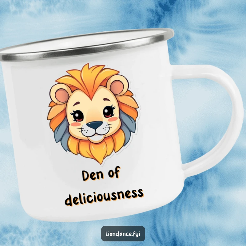 Funny camping mug with a playful character peeking from a colorful lion head, ideal for quirky outdoor enjoyment.