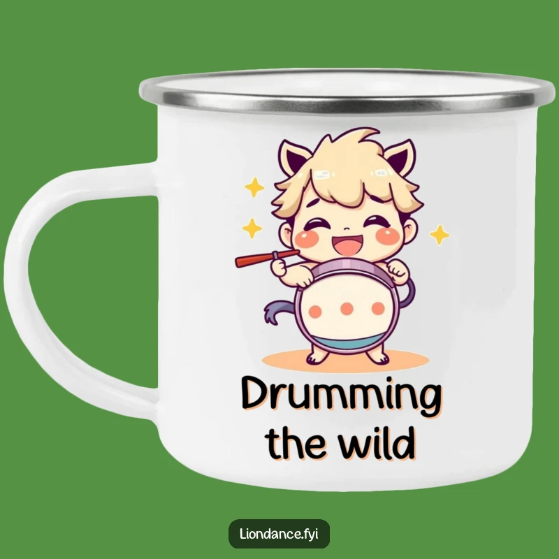 Durable Funny Drum Beating Character Grinning Camping Mug: Adventure Beats!