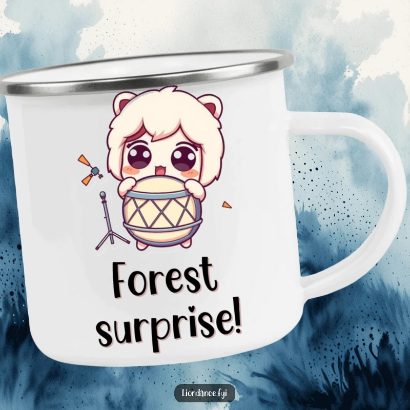 Funny Camping Mug showing a character’s wide-eyed, surprised reaction to a loud drum during an outdoor trip.