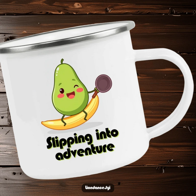 Funny cheerful avocado with small legs slipping on a banana peel while holding a wok, on a camping mug.