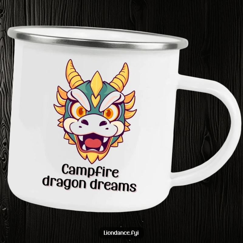 Funny camping mug with a cute dragon mask and roaring eyes design, ready for outdoor adventures and fierce sips.