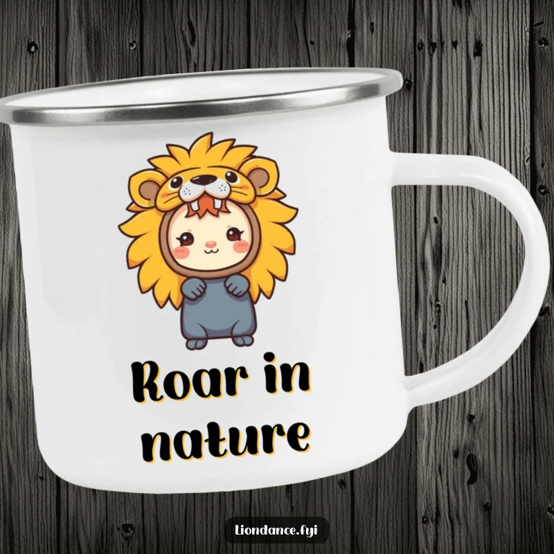 Funny camping mug with a character peeking from a colorful lion head costume, ideal for playful outdoor moments.