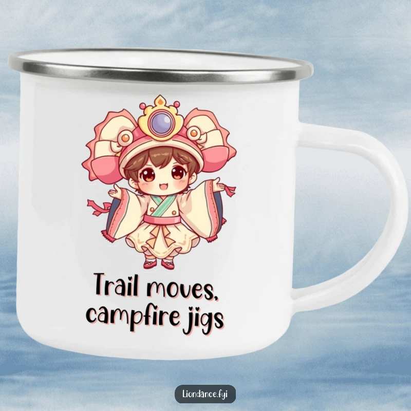 Funny dancer character camping mug depicting a cheerful figure performing elaborate costume movements with captivating flair, perfect for outdoor enjoyment.