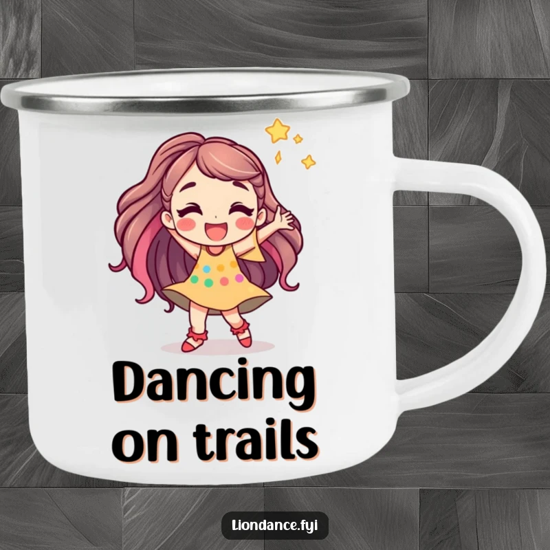 Funny camping mug with a jubilant cartoon character dancing energetically, designed for outdoor fun and spirited sips.
