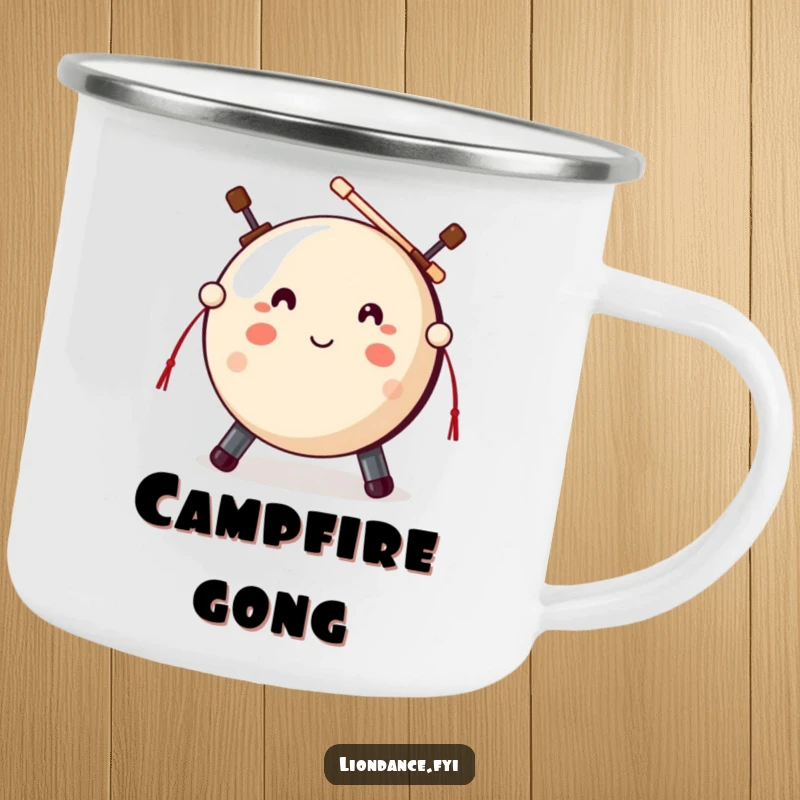 Funny gong strike camping mug, a cute gong prop and mallets ready to strike, perfect for enjoying outdoors.