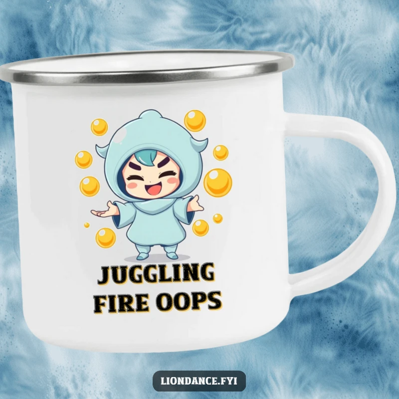 Funny camping mug with a mischievous character juggling golden orbs, perfect for outdoor enjoyment. Great funny gift.