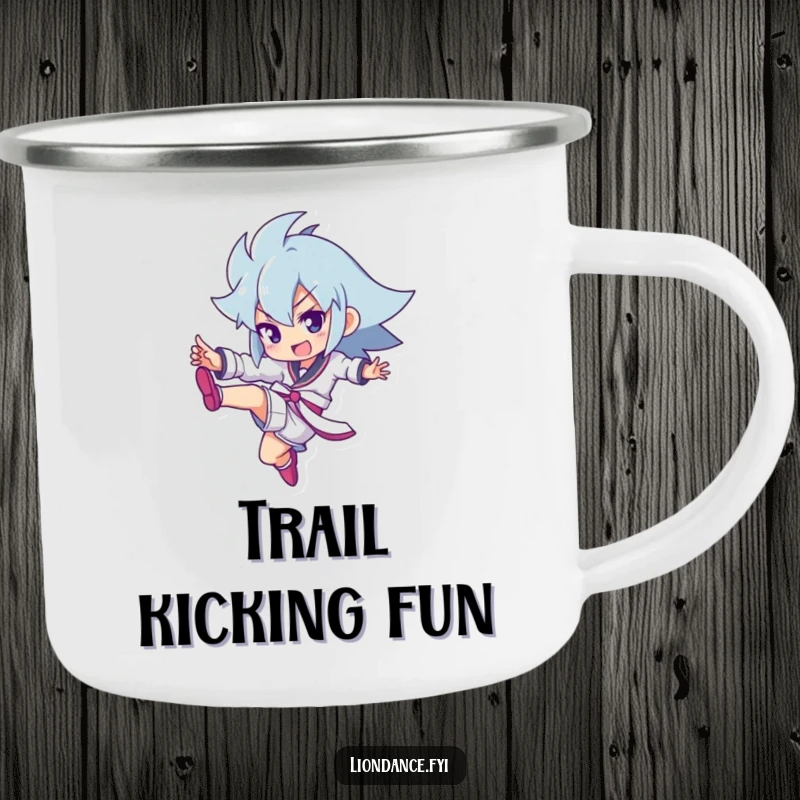 Funny camping mug with a character executing a powerful kick, suitable for outdoor enthusiasts and action lovers.